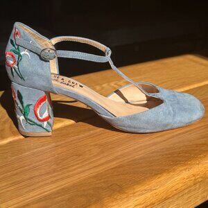 Chelsea Crew, Frenchie T-Strap Embroidered Heels, Size 39